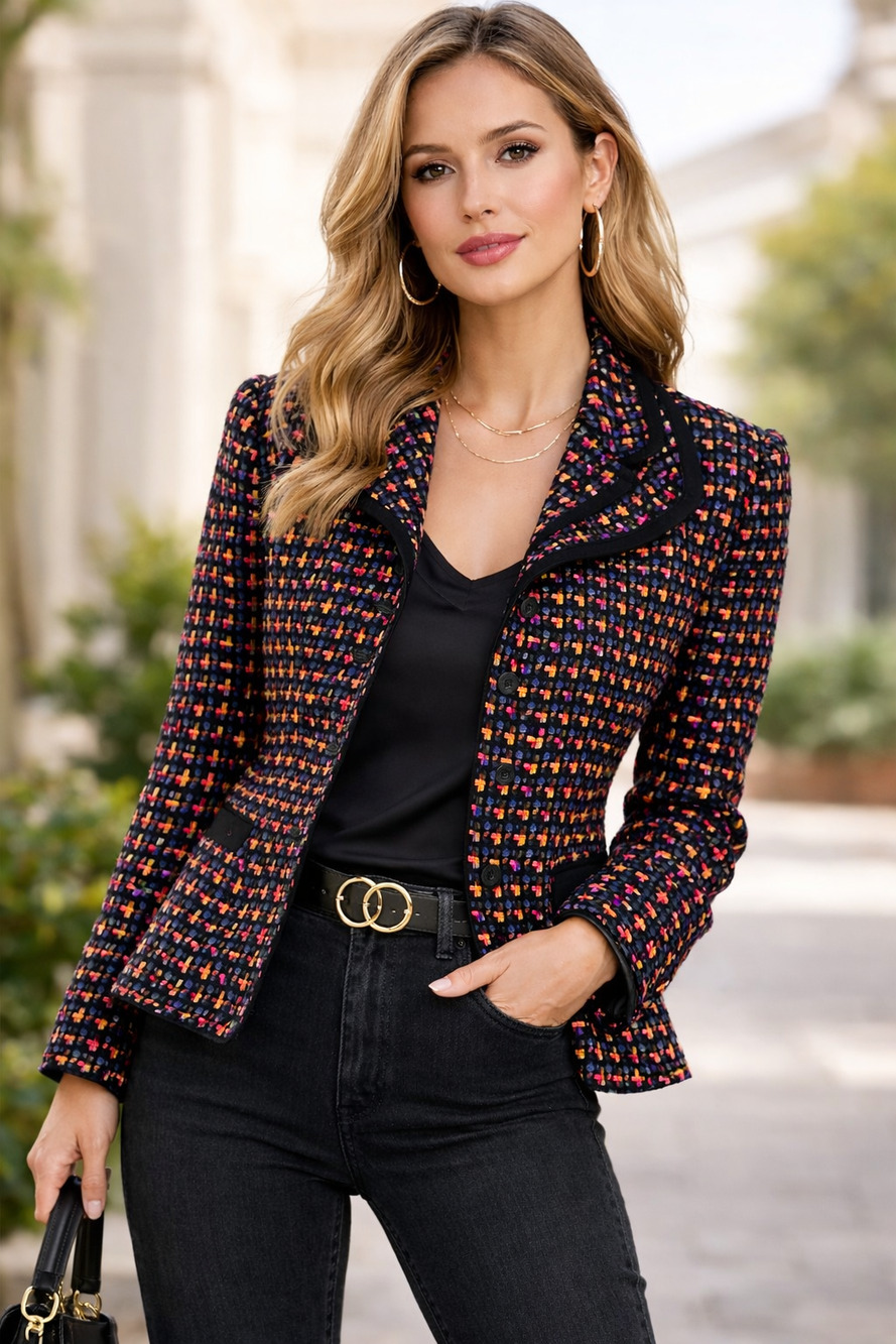 Anne Crimmins For Umi Collection Silk Tweed Jacket Multicolor Embroidered Blazer